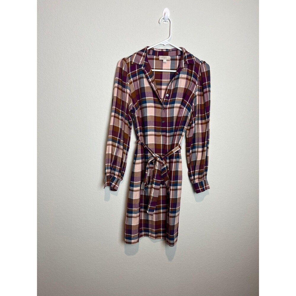 LOFT Dress Womens XS Multicolor Plaid Shirt Belted Long Sleeve Casual Workwear